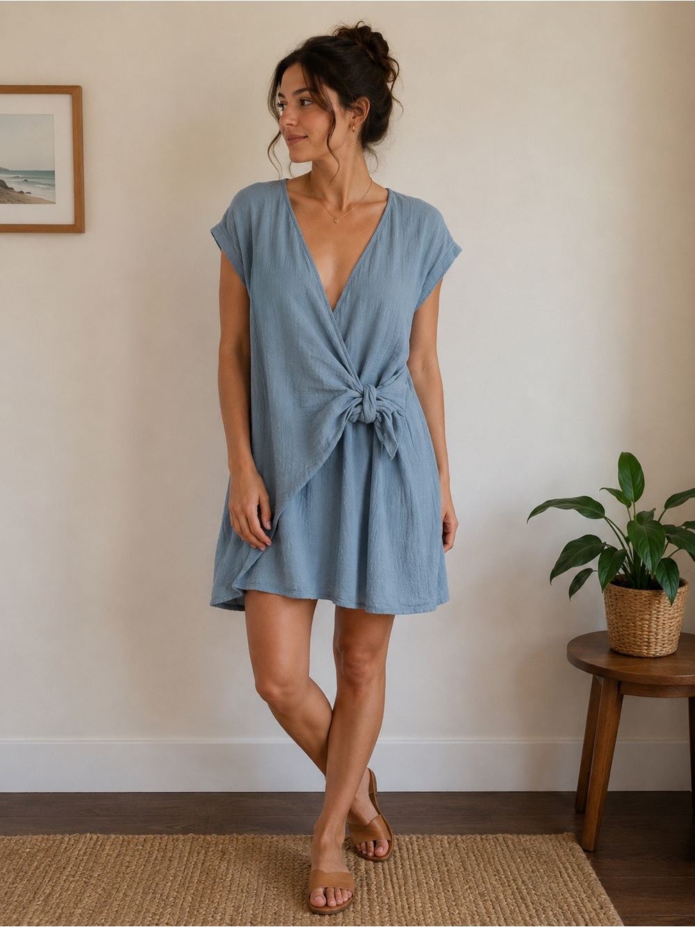 BNDI Dusty Blue Wrap Dress Size S Tie Waist Textured Mini Dress